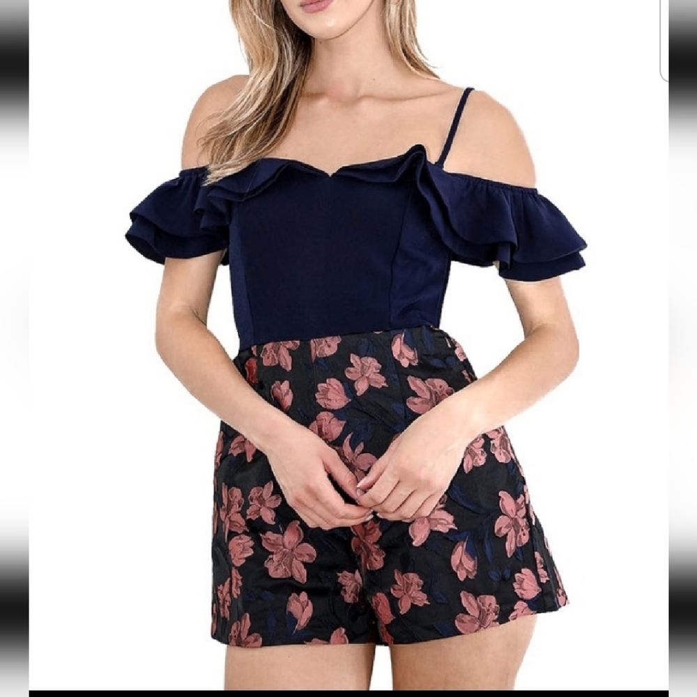 NWT Lulu’s Pick Your Petal Navy Off-Shoulder Romper